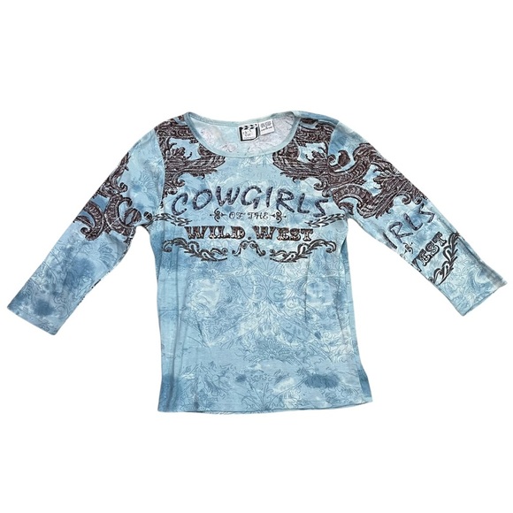 Vintage Tops - Y2K Vintage Women’s Blue Printed Cowgirls Of The Wild West 3/4 Sleeve T-Shirt